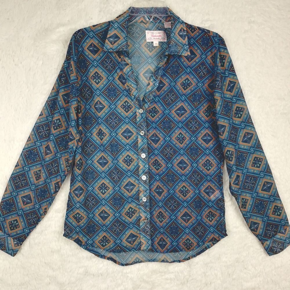 Panhandle Womens Shirt Geometric Boho Western Thunderbird Print Blue Sheer M